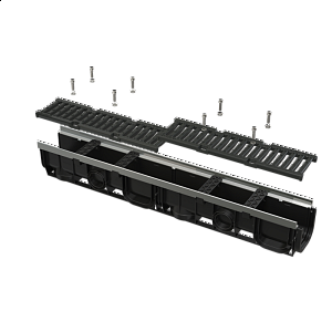 Venkovní žlab 100&nbsp;mm s&nbsp;kovovým rámem a&nbsp;litinovým roštem C250